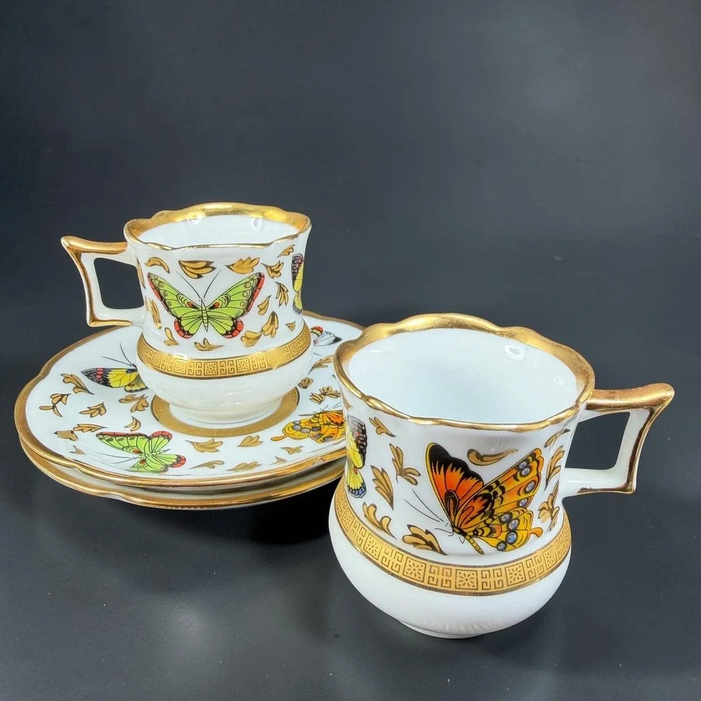 CC&T Butterfly Porcelain Espresso Cup and Saucer Set‎ Gold Gilt Trim 4 Piece